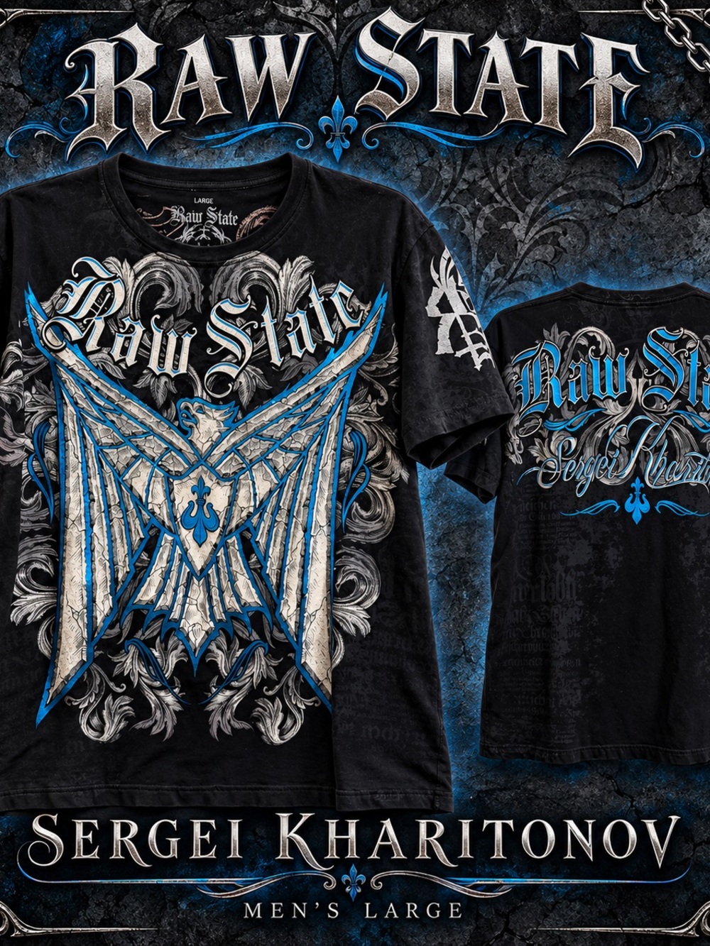 Raw State Sergei Kharitonov Shirt Mens Large Black Blue MMA Gothic Grunge Y2K